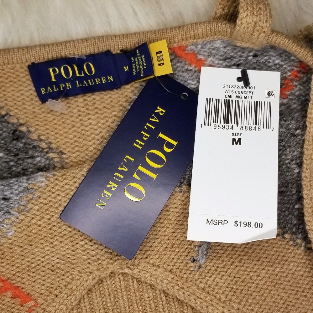 POLO RALPH LAUREN Argyle Knit Cashmere Wool Crop Ekose Camel Brown Top - Picture 11 of 11